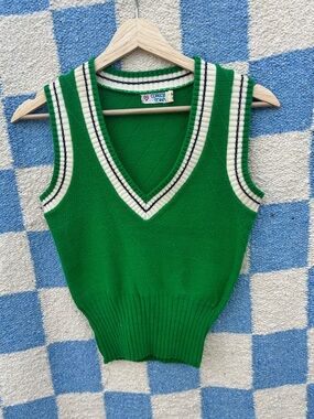 Vintage 70s Green Knit V-Neck Sweater Vest with Ivory Trim
